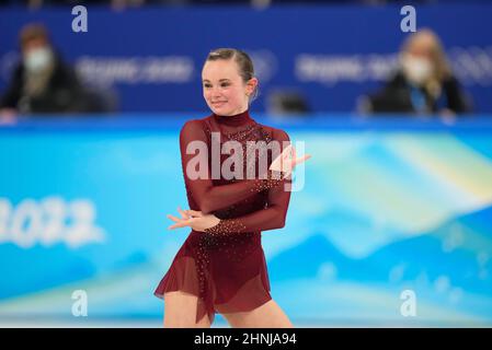 Peking, China, Olympische Winterspiele 2022, 17. Februar 2022: Mariah Bell aus den USA beim Eiskunstlauf im Capital Indoor Stadium. Kim Price/CSM. Stockfoto