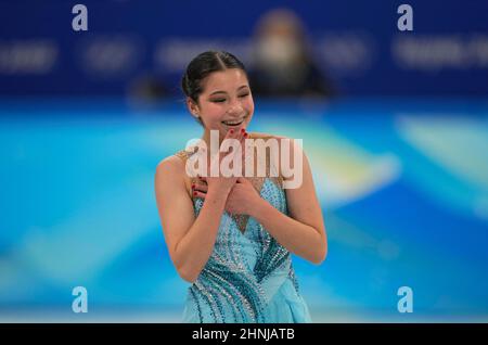 Peking, China, Olympische Winterspiele 2022, 17. Februar 2022: Alysa Liu aus den USA beim Eiskunstlauf im Capital Indoor Stadium. Kim Price/CSM. Stockfoto