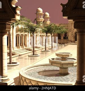 3D Illustration eines Fantasy-Ortes mit arabischem oder indischem Gebäude Stockfoto