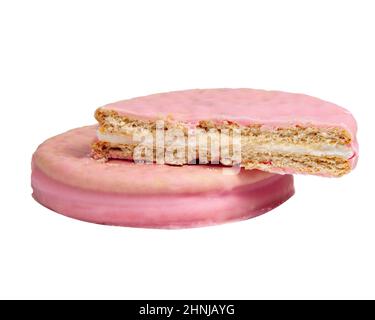 Pink Cookies Erdbeere Geschmack isoliert auf dem weißen Hintergrund Stockfoto
