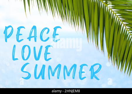 Peace Love Summer Message in eleganter Schrift auf dem Hintergrund mit Palmblatt und blauem Meer geschrieben. Urlaubskonzept und Werbung der Reiseagentur. Stockfoto