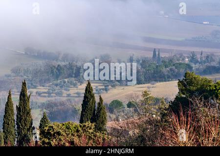 Blick vom Pincio, Aussichtspunkt Marche, Nebel, Potenza Picena, Italien, Europa Stockfoto