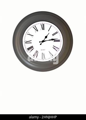 Weiße schwarze römische Ziffernwanduhr auf weißem Hintergrund Stockfoto