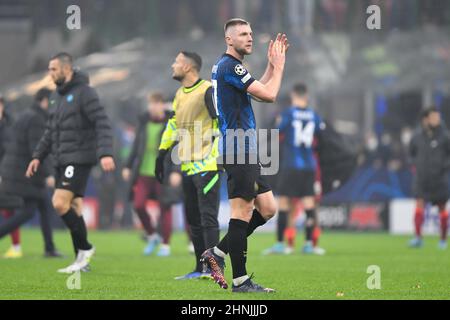 Mailand, Italien. 16th. Februar 2022. Milan Skriniar (37) von Inter gesehen nach dem UEFA Champions League Spiel zwischen Inter und Liverpool bei Giuseppe Meazza in Mailand. (Foto: Gonzales Photo/Alamy Live News Stockfoto