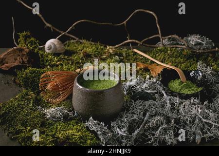 Traditioneller japanischer heißer grüner schaumiger Tee-Matcha in Keramikbecher, pulverförmiger Matcha und Bambusbesen, der auf Waldmoos steht. Gesundes natürliches Getränk Stockfoto