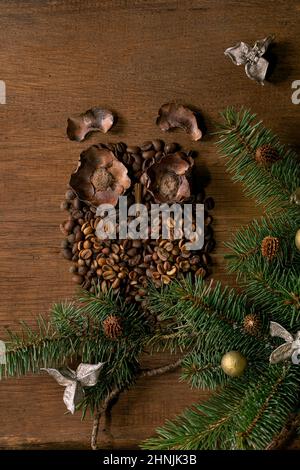 Eulenform aus Kaffeebohnen und Gewürzen. Eule sitzt auf Tannenzweigen mit natürlichem Dekor auf Holzhintergrund. Lustige Geheimnis Weihnachten Kaffee konz Stockfoto