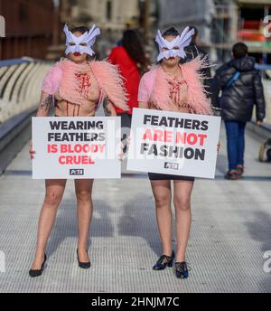 Millennium Bridge, London, Großbritannien. 17. Februar 2022. Um gegen den Einsatz von Federn bei der London Fashion Week zu protestieren, macht eine Schar von PETA-Anhängern am Donnerstag, dem 17th. Februar, die Millennium Bridge zu ihrem Laufsteg. Mit Vogelmasken und freigelegten „blutigen und gerupften“ Truhen heben sie die Notlage von Vögeln hervor, deren Federn für Modebekleidung und Accessoires herausgerissen werden. „Gefieder gehört sanften Vögeln, und die Menschen haben kein Recht, es ihnen von der Handvoll zu reißen“, sagt PETA-Direktorin Elisa Allen. „PETA fordert alle auf, mit fabelhaften veganen Textilien ein modisches Statement auf die freundliche Art und Weise zu machen.“ Kredit: Malcolm Park/A Stockfoto