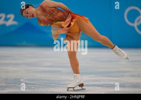 Peking, China, Olympische Winterspiele 2022, 17. Februar 2022: Wakaba Higuchi aus Japan beim Eiskunstlauf im Capital Indoor Stadium. Kim Price/CSM. Stockfoto