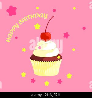 Cupcake mit Rahm und Kirsche. Geburtstag. Weihnachtskarte Stockfoto