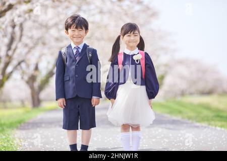 Schüler Der Japanischen Grundschule Mit Unter Den Kirschblüten Stockfoto