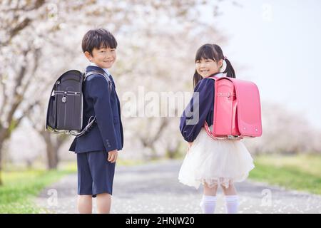 Schüler Der Japanischen Grundschule Mit Unter Den Kirschblüten Stockfoto