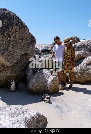 Boulders Beach in Simons Town, Kapstadt, Südafrika. Wunderschöne Pinguine. Kolonie afrikanischer Pinguine an einem felsigen Strand in Südafrika. Paar Männer und Frauen besuchen die Pineuns Stockfoto