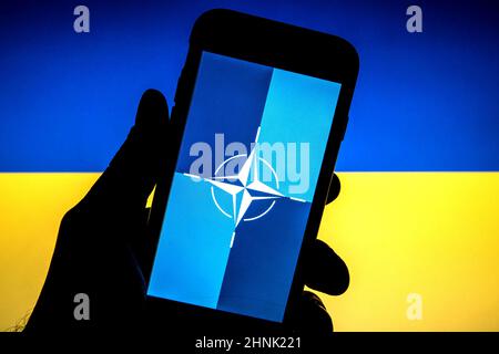 In dieser Abbildung ist eine Flagge der NATO (North Atlantic Treaty Organization) auf einem Smartphone-Bildschirm und die Flagge der Ukraine im Hintergrund zu sehen. Stockfoto