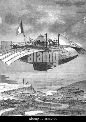 Künstlerische Darstellung einer Fantasy, surrealen oder futuristischen frühen französischen Flugmaschine, die als Celeste France bekannt ist. Vintage Illustration oder Gravur 1883 Stockfoto