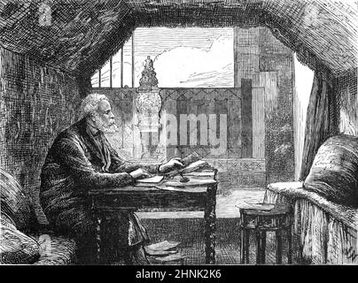 Victor Hugo (1802-1885) arbeitete in seinem Arbeitszimmer im Hauteville-Haus, dem heutigen Victor Hugo Museum, wo er zwischen 1856 und 1870 in Saint Peter Port Guernesy lebte. Vintage Illustration oder Gravur 1878 Stockfoto