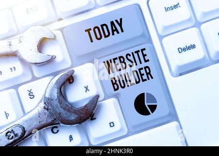 Sign Display Website Builder, Business Overview Aufbau von Websites ohne manuelle Code-Bearbeitung Abstract Programmer Typing Antivirus Codes, Re Stockfoto