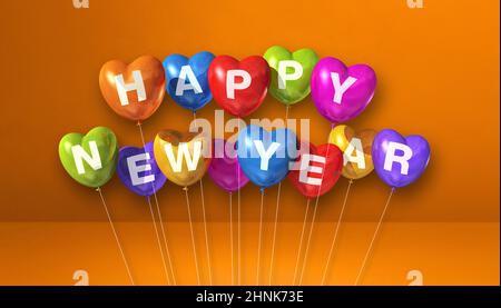 Bunte fröhliche neue Jahr Herz-Form Ballons auf orange Beton Hintergrund. Horizontales Banner. Rendering von 3D-Illustrationen Stockfoto
