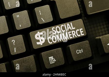 Sign zeigt Social Commerce, Word geschrieben auf verwendet soziale Netzwerke beim Kauf von Produkten Verkauf von neuen Nachrichten Online, Erstellen von Visua Stockfoto
