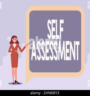 Textschild mit Selbsteinschätzung, Business Showcase Bewertung von sich selbst oder einem s is Handlungen und Einstellungen wichtige Informationen anzeigen, presen Stockfoto