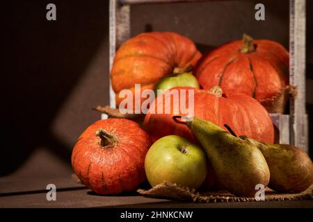 Herbststill-Leben mit Kürbissen, Äpfeln und Birnen in einer Holzkiste auf braunem Hintergrund mit Sonnenlicht. Herbsternte, Happy Thanksgiving Stockfoto