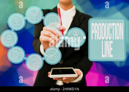 Hand schreiben Zeichen Produktionslinie, Wort auf Reihe von sequenziellen Operationen in einer Fabrik gegründet geschrieben Lady in Uniform Holding Tablet in Hand Virtua Stockfoto