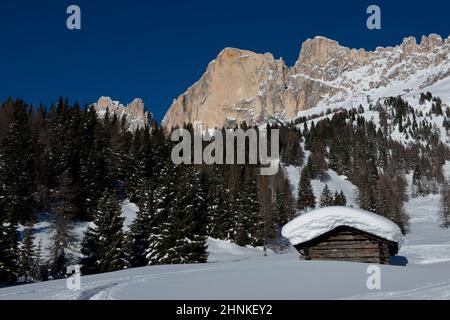 Chalet und Bäume unter dem Schnee in der idyllischen Landschaft des Dolomiti in Trentino-Südtirol Stockfoto