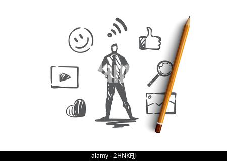Inhalte, Internet, Medien, Strategie, Netzwerkkonzept. Von Hand gezeichneter isolierter Vektor. Stockfoto