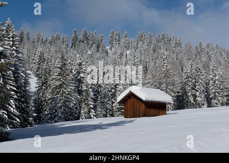 Chalet und Bäume unter dem Schnee in die idyllische Landschaft der Dolomiten im Val di Fassa Stockfoto