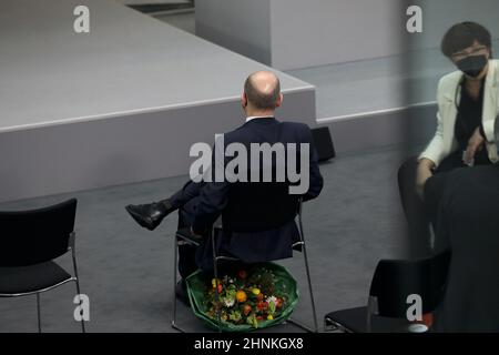 Berlin, 13. Februar 2022. Olaf Scholz, der deutsche Bundeskanzler, bei der Wahl des deutschen Bundespräsidenten. Stockfoto