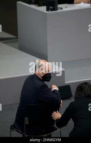 Berlin, 13. Februar 2022. Olaf Scholz, der deutsche Bundeskanzler, bei der Wahl des deutschen Bundespräsidenten. Stockfoto