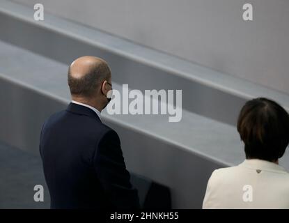 Berlin, 13. Februar 2022. Olaf Scholz, der deutsche Bundeskanzler, bei der Wahl des deutschen Bundespräsidenten. Stockfoto