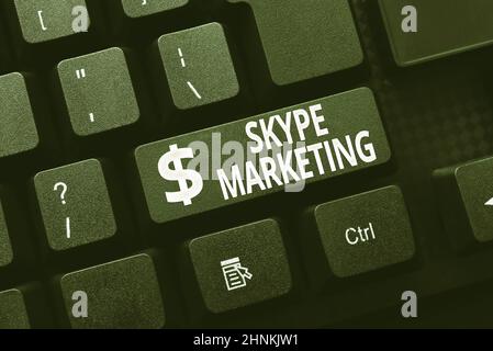 Textunterschrift mit Skype Marketing, Word für Apps, die auf Video-Chat und Voice-Senden neuer Nachrichten online spezialisiert sind, Erstellen visueller Stockfoto