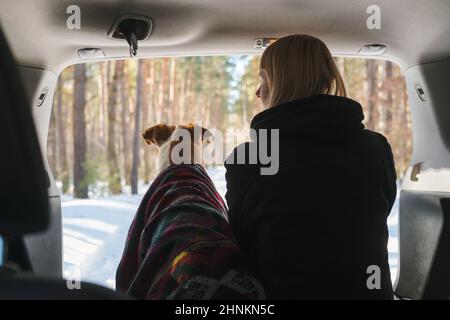 Winterautocamping mit Haustieren Szene: Frau sitzt neben einem Hund im SUV-Kofferraum. Genießen Sie den frühen Frühling und die Sonne im Wald, erkunden Sie die Natur mit Haustieren Stockfoto