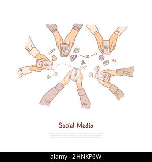 Freunde chatten, Online-Interaktionen, Hände halten Smartphones, Internet-Kommunikation Netzwerk-Banner. Social-Media-sucht, Obsession Übung Co Stockfoto