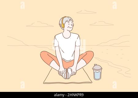 Ältere Menschen, Entspannung, Lebensstil, Gesundheitskonzept. Glückliche ältere Frau genießt die Ruhe des Yoga in der Natur. Ältere Dame lächelt dabei Übungen und Stockfoto
