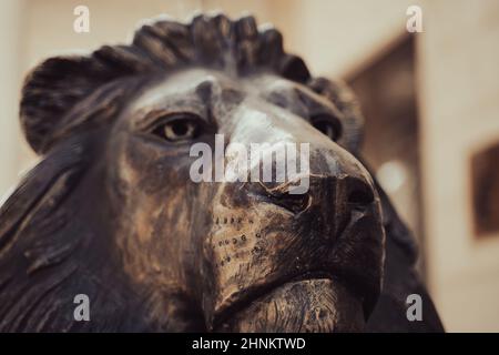 Nahaufnahme eines bronzenen Löwen-Statue-Kopfes Stockfoto