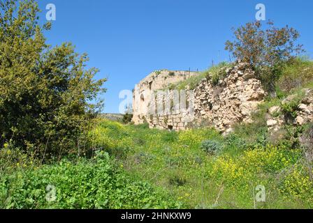 Die Ruinen der Kreuzritterfestung Schloss Neuf - Metsurat Hunin befinden sich am Eingang zum israelischen Dorf Margaliot im Obergalilea im Norden Israels Stockfoto