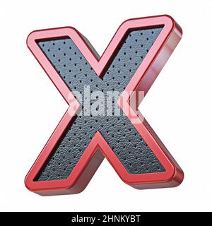 Rot glänzendes Metall und schwarze Lederschrift Letter X 3D Rendering Illustration isoliert auf weißem Hintergrund Stockfoto