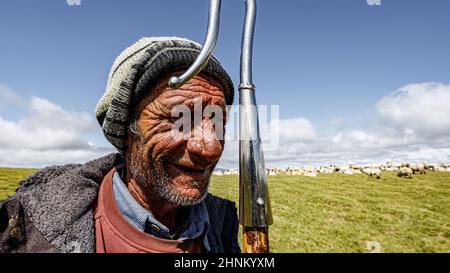 Rumänischer Hirte in den karpaten Stockfoto