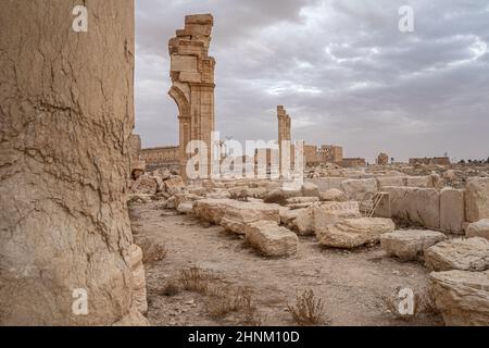 Römische Ruinen in der Wüstenoase von Palmyra, Syrien Stockfoto