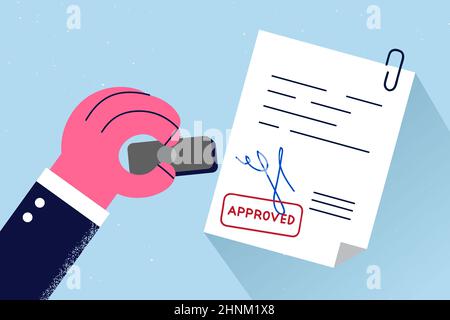 Offizielle Genehmigung und Gesetzeskonzept. Menschliches Handstempeln offizielles Dokument unterzeichnet und genehmigt mit offiziellen Informationen gesetzlich gesetzlich Vektor illus Stockfoto