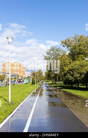 Bürgersteig mit Radweg entlang der Straße nach Regen Stockfoto