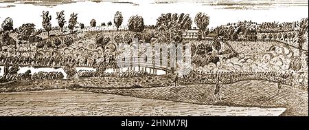 Ein alter Stich, der die Schlacht von Concorde in Massachusetts am 19th. April 1775 darstellt und den Beginn des revolutionären Krieges in den USA markiert. Die Schlachten von Lexington und Concord waren die ersten militärischen Engagements des amerikanischen Revolutionskrieges. Stockfoto