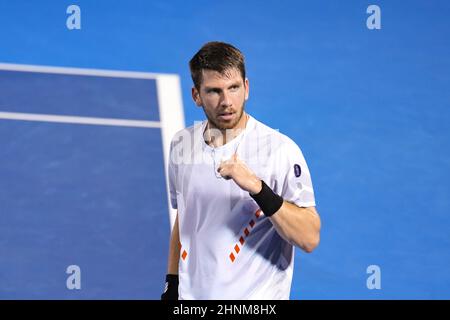 DELRAY BEACH, FL - Februar, 16 - Delray Beach: Cameron Norrie(GBR) feiert hier besiegt Oscar Otte(GER) 75 63 bei den 2022 Delray Beach Open by Vitacost.com. In Delray Beach, Florida am 16. Februar 2022. Quelle: Andrew Patron/MediaPunch Stockfoto