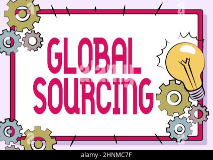 Konzeptunterschrift Global Sourcing, Wort geschrieben über die Praxis der Suche nach Waren und Dienstleistungen über die Grenzen hinaus, die das alte Filesystem, Maintaini, fixieren Stockfoto