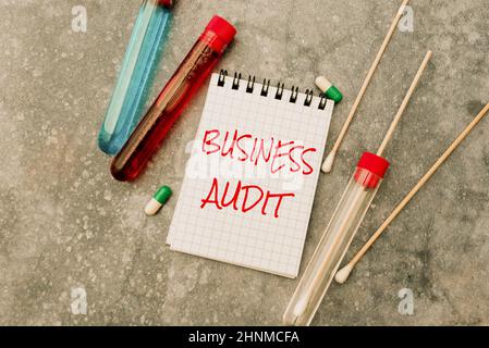Text mit Inspiration Business Audit, Word zur Prüfung des Finanzberichts einer Organisation, die einen Labor-Test für verschreibungspflichtige Medizin verfasst Stockfoto