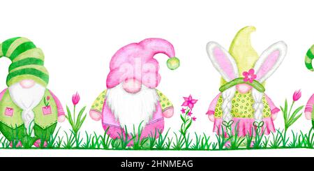 Nahtlose Aquarell handgezeichnete horizontale Grenzen mit Ostereier Gnomen, grün rosa Blumen Cartoon-Design. April-Frühlingsdruck mit hellen lustigen Elementen für Osterkarten-Einladungen Stockfoto