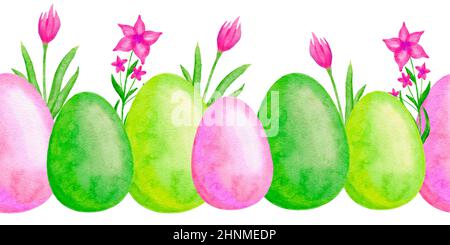 Nahtlose Aquarell handgezeichnete horizontale Grenzen mit Ostereier grün rosa Tulpe Gänseblümchen-Blumen Cartoon-Design. April-Frühlingsdruck mit hellen lustigen Elementen für Osterkarten-Einladungen Stockfoto
