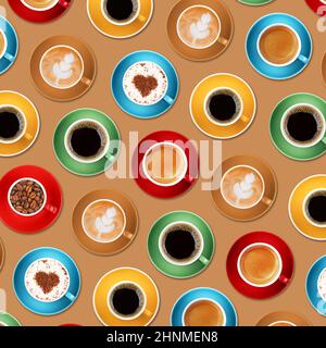 Muster verschiedener Kaffeetassen (Espresso, Cappuccino, Americano, Instant, geröstete Bohnen) auf beigem Hintergrund Stockfoto