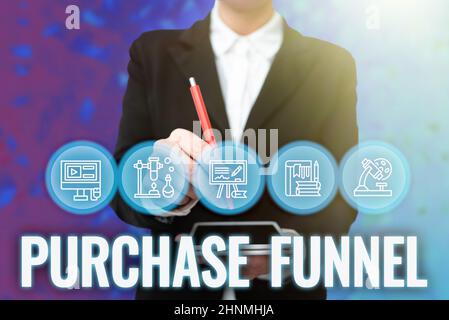 Handschrift Text Kauf Trichter, Business Idea Consumer-Modell, das Kunden Reise Lady in Uniform Holding Tablet in Hand Virtually Typ veranschaulicht Stockfoto